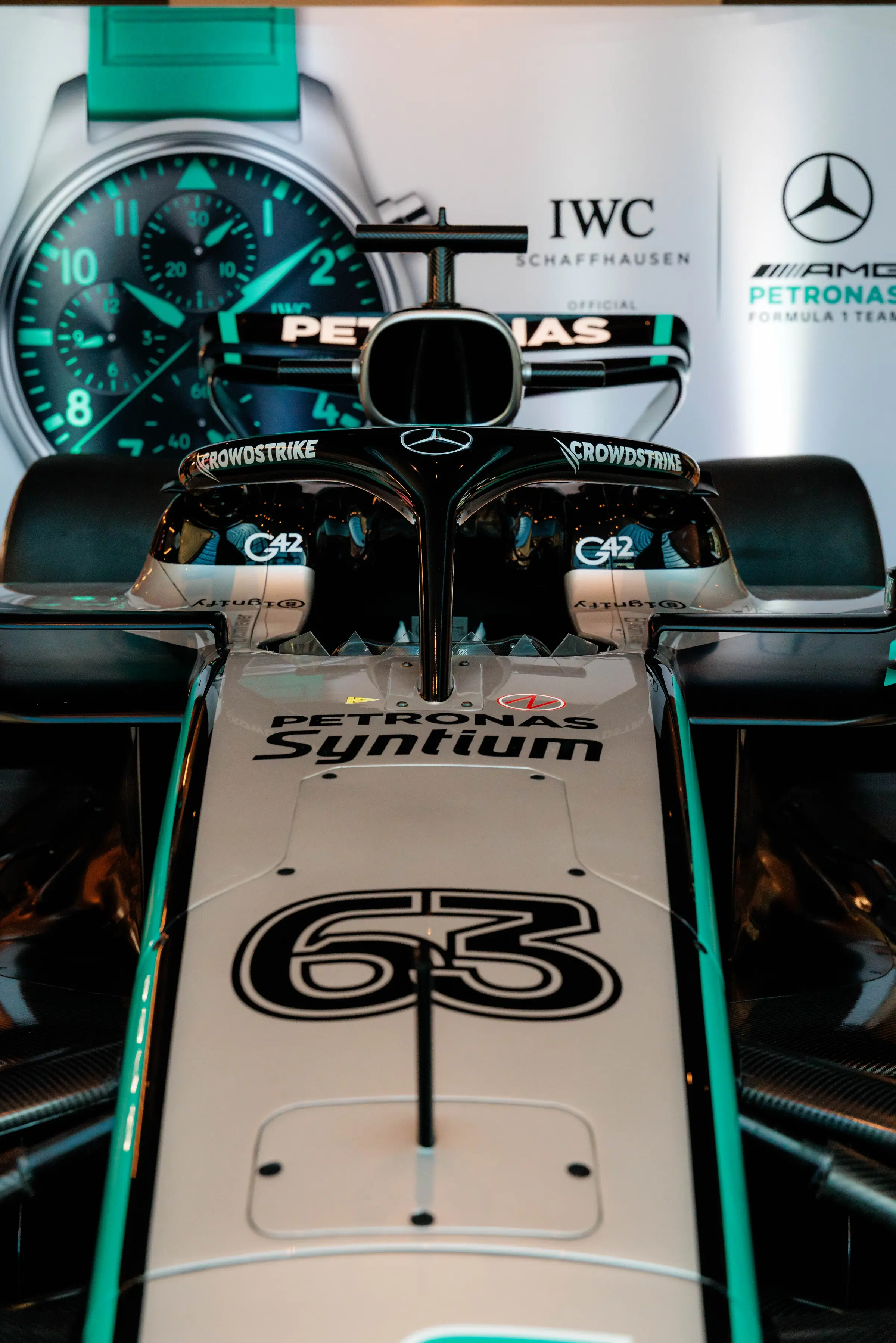 IWC x George Russell — AMG Petronas #63 show car, watch backdrop